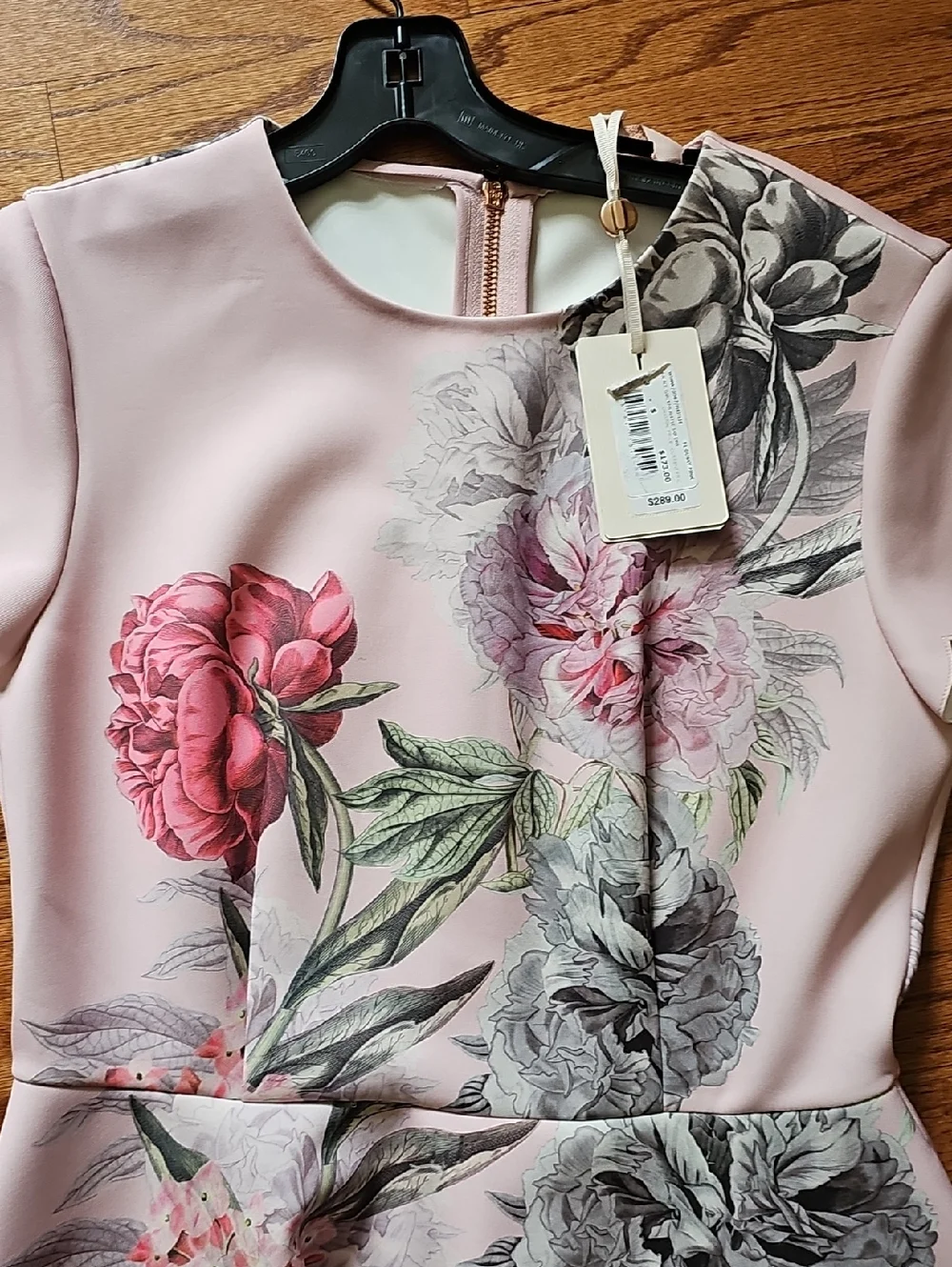 Ted Baker London Pink Floral Midi Dress with Gray Chevron Trim - Picture 2 of 3